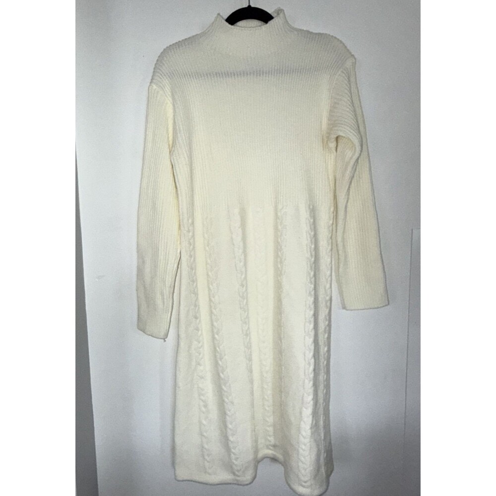 Cozy Ivory Cable Knit Mock Neck Sweater Dress Chunky Quiet Luxury XL Soft